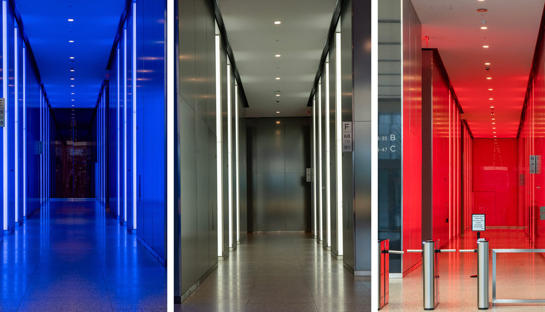 Apogee Lighting solution in 3 World Trade Center Lobby enables Red, White and Blue Accent